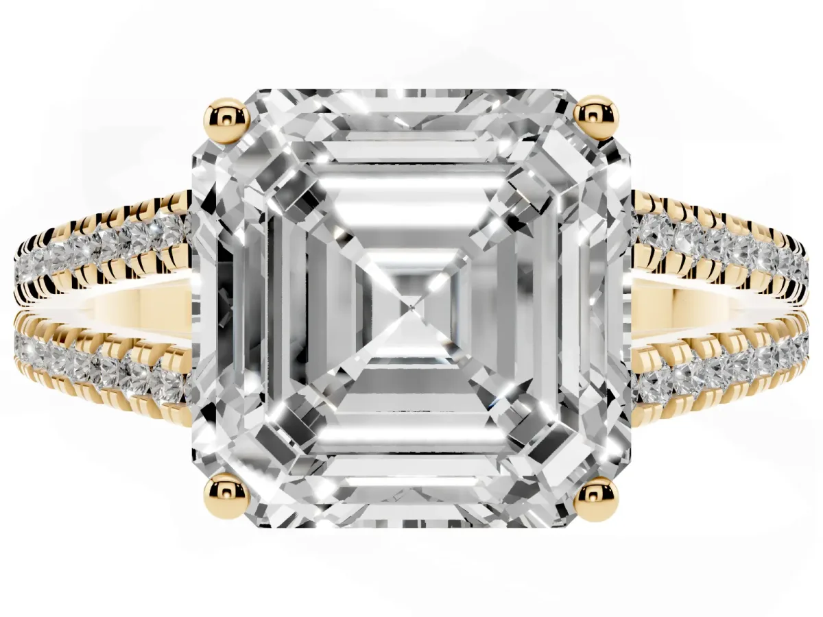 Asscher Cut Diamond Solitaire Engagement Ring with Split Shank Pavé Band Yellow gold