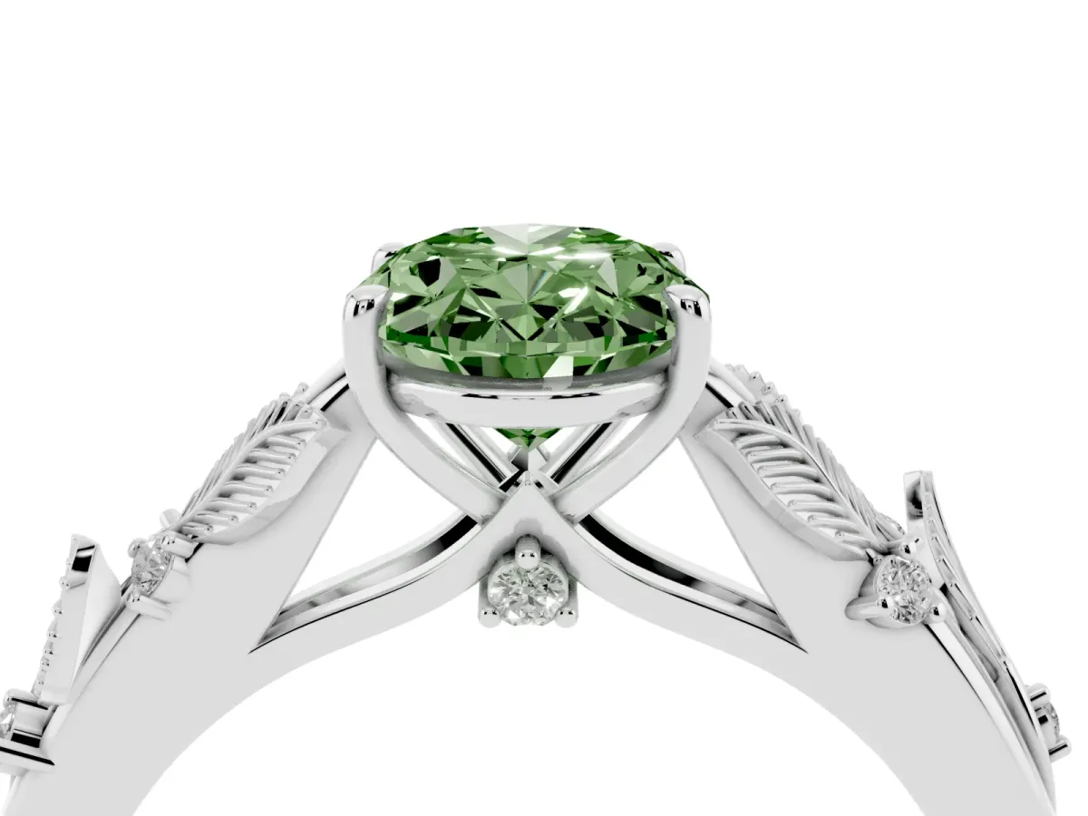 Fancy Green Oval Cut Diamond Solitaire Ring with Leaf Motif Band and Four-Prong Setting Silver