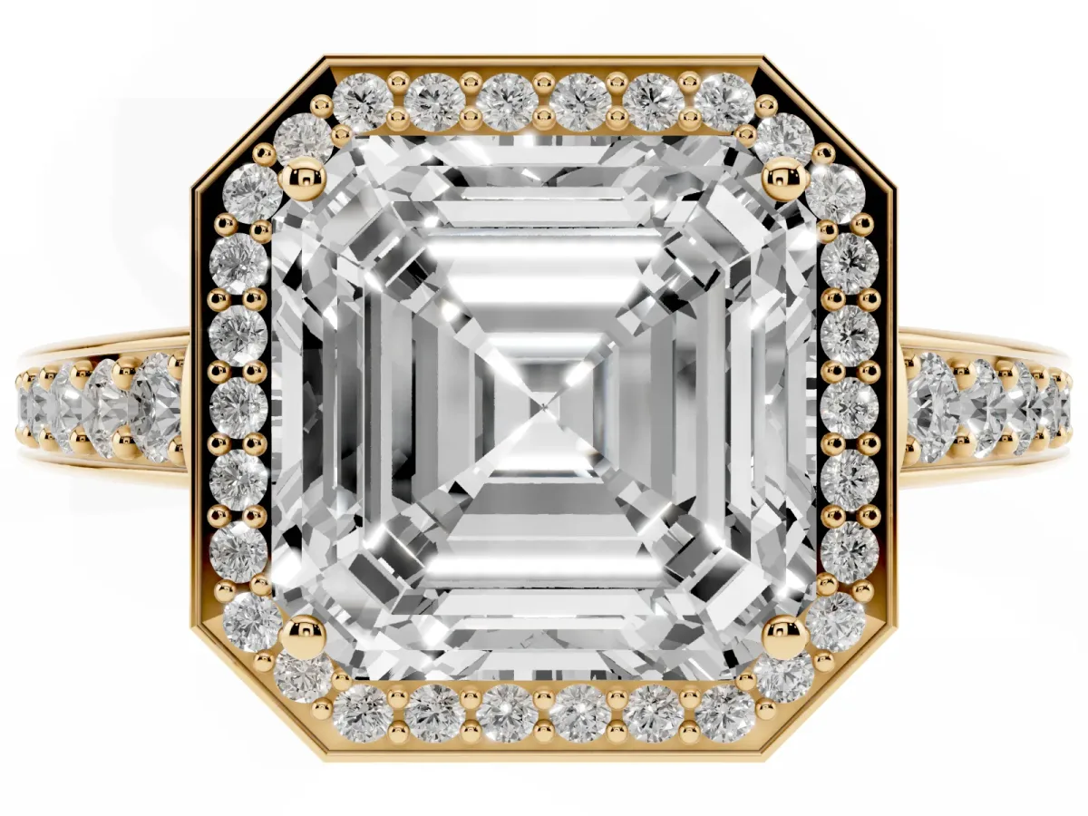 Asscher Cut Halo Pavé Diamond Engagement Ring with Bezel Setting Yellow gold