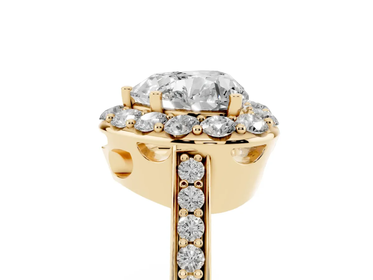 Heart Cut Diamond Floral Halo Ring with Pavé Band and Prong Setting Yellow gold