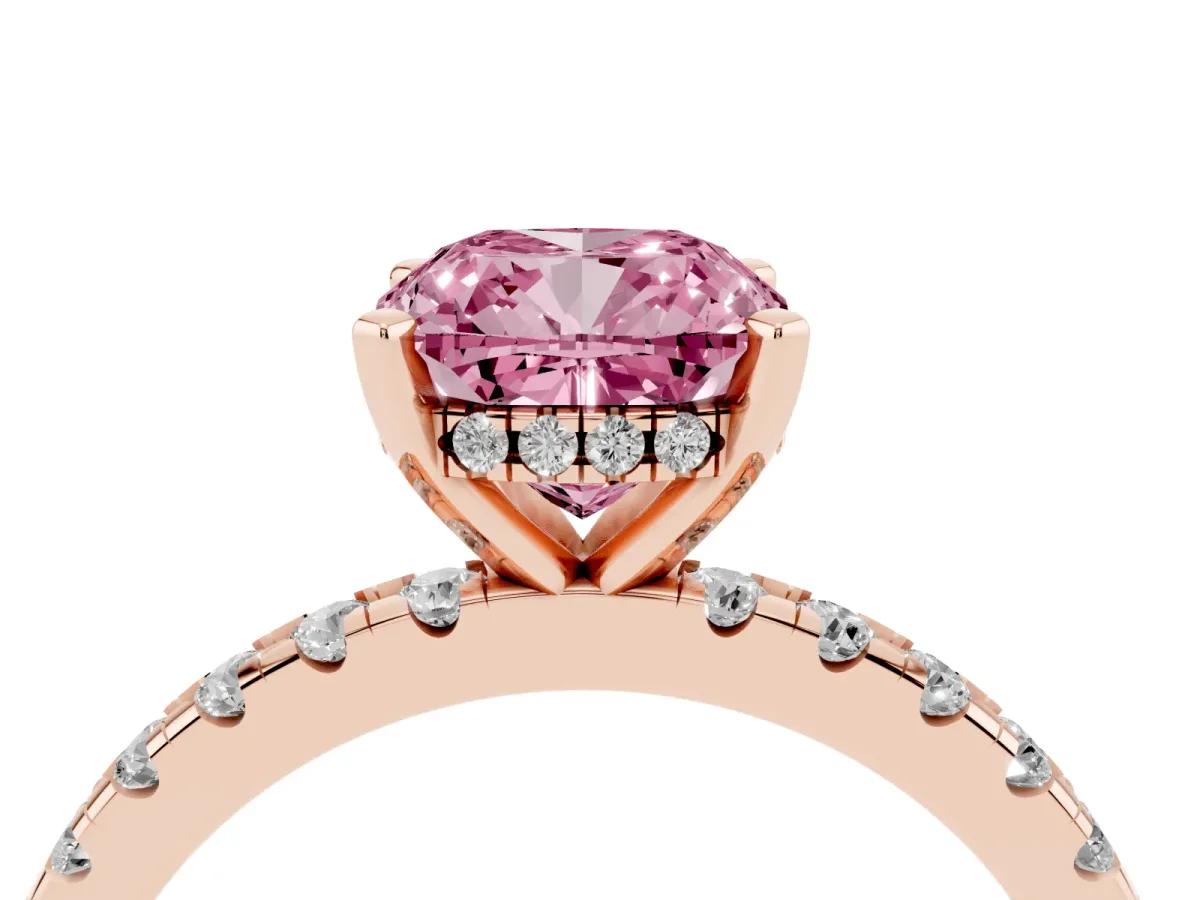 Fancy Pink Cushion Cut Diamond Solitaire Ring with Round Pavé Band and Four-Prong Setting Rose gold