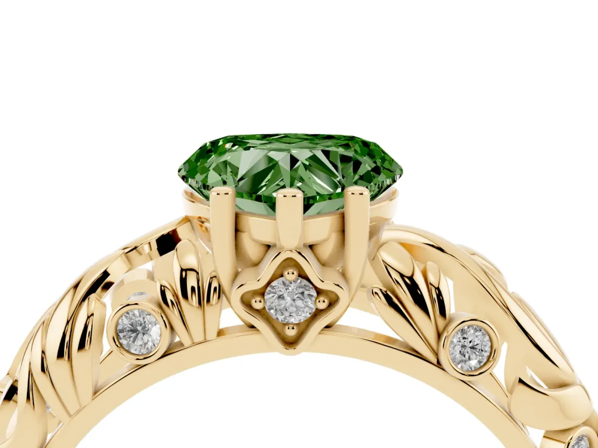 Fancy Green Heart Cut Solitaire Diamond Leaf-Inspired Vine Band Ring with Prong Setting Yellow gold