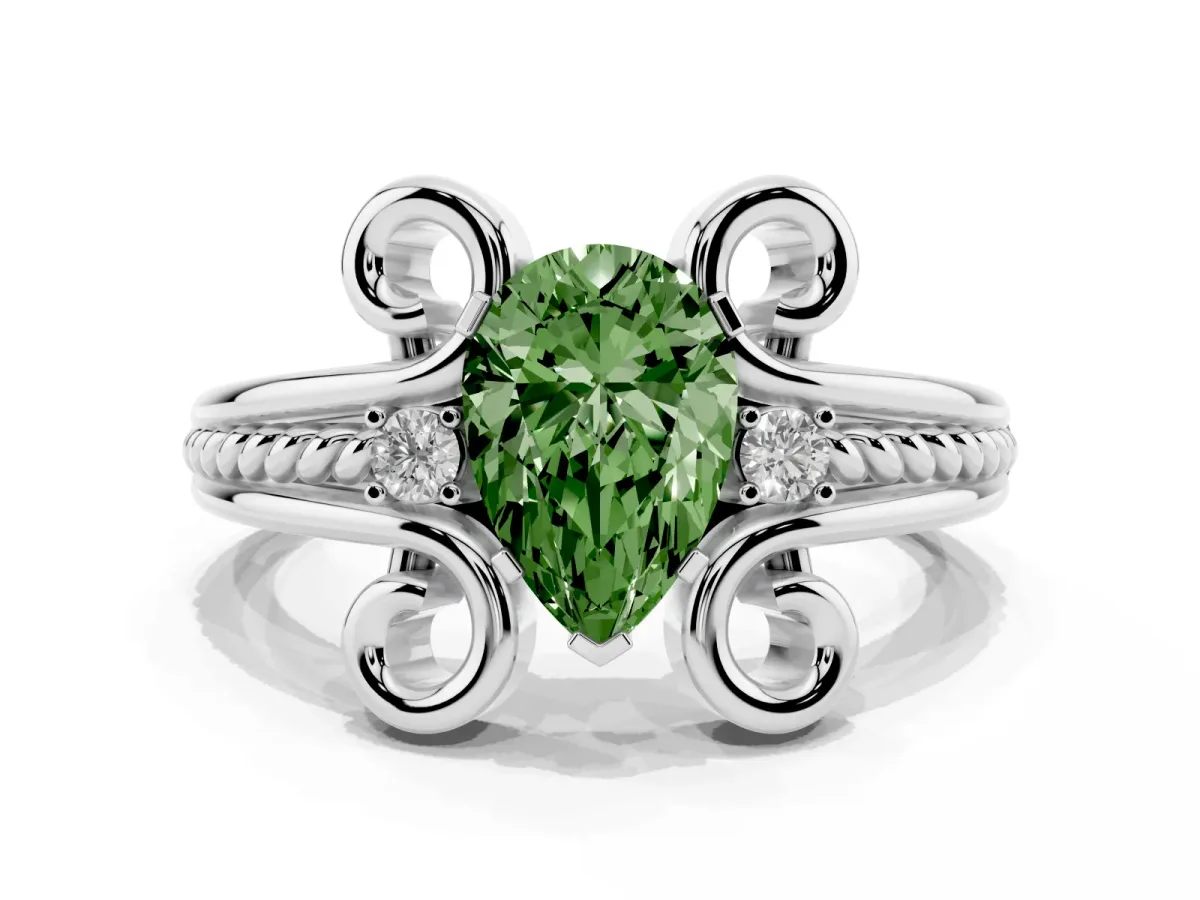 Fancy Green Pear Cut Solitaire Twisted Band Scroll Prong Ring Silver