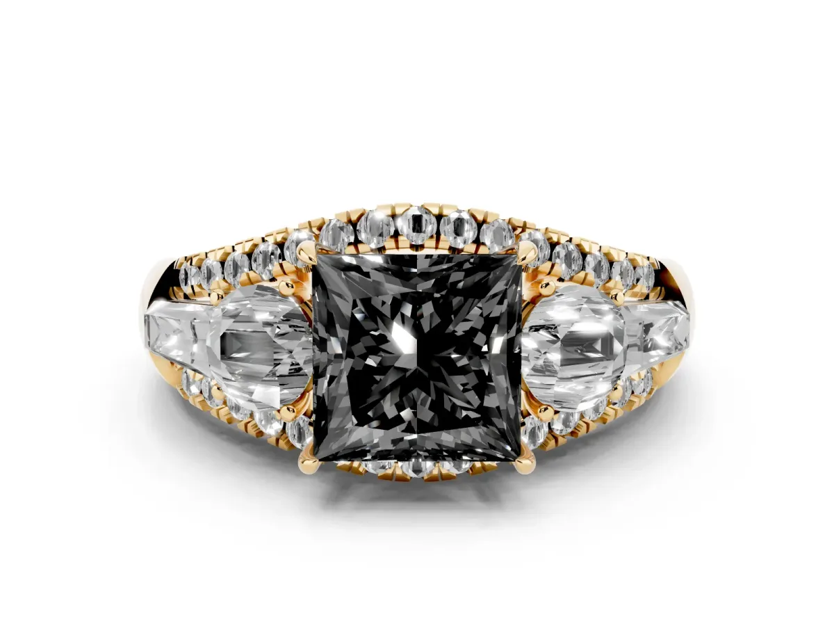 Fancy Black Three-Stone Princess Cut Diamond Engagement Ring with Pave Band and Prong Setting Yellow gold