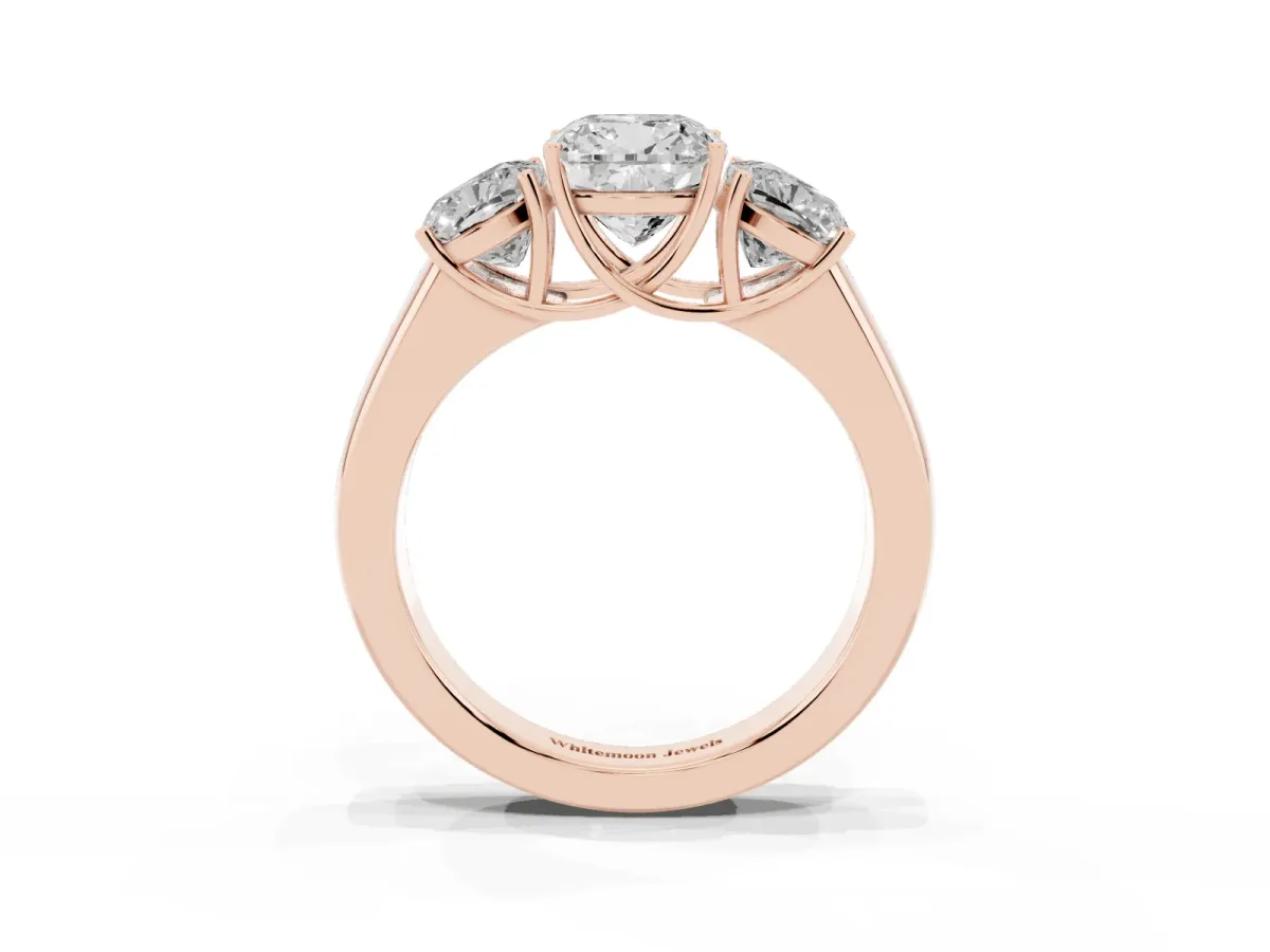 Three-Stone Cushion Cut Cut Diamond Ring with Prong Setting and Classic Band Rose gold