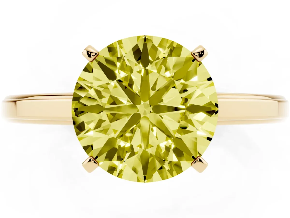 Fancy Yellow Round Cut Solitaire Diamond Ring with Four-Prong Setting and Classic Band Yellow gold