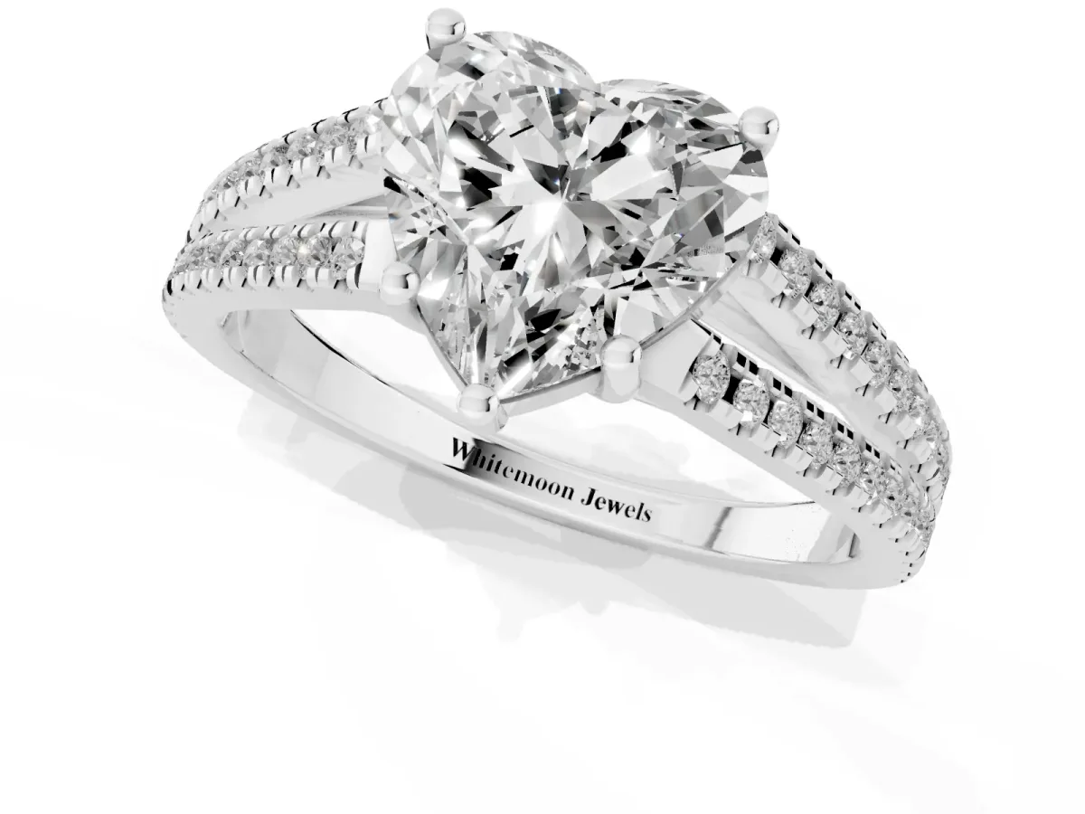 Heart Cut Diamond Solitaire Engagement Ring with Split Shank Pavé Band Platinum