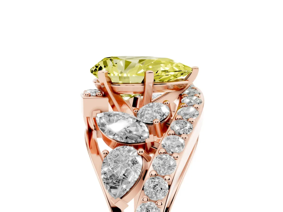 Fancy Yellow Pear Cut Diamond Halo Ring with Marquise and Pavé Band in Prong Setting Rose gold