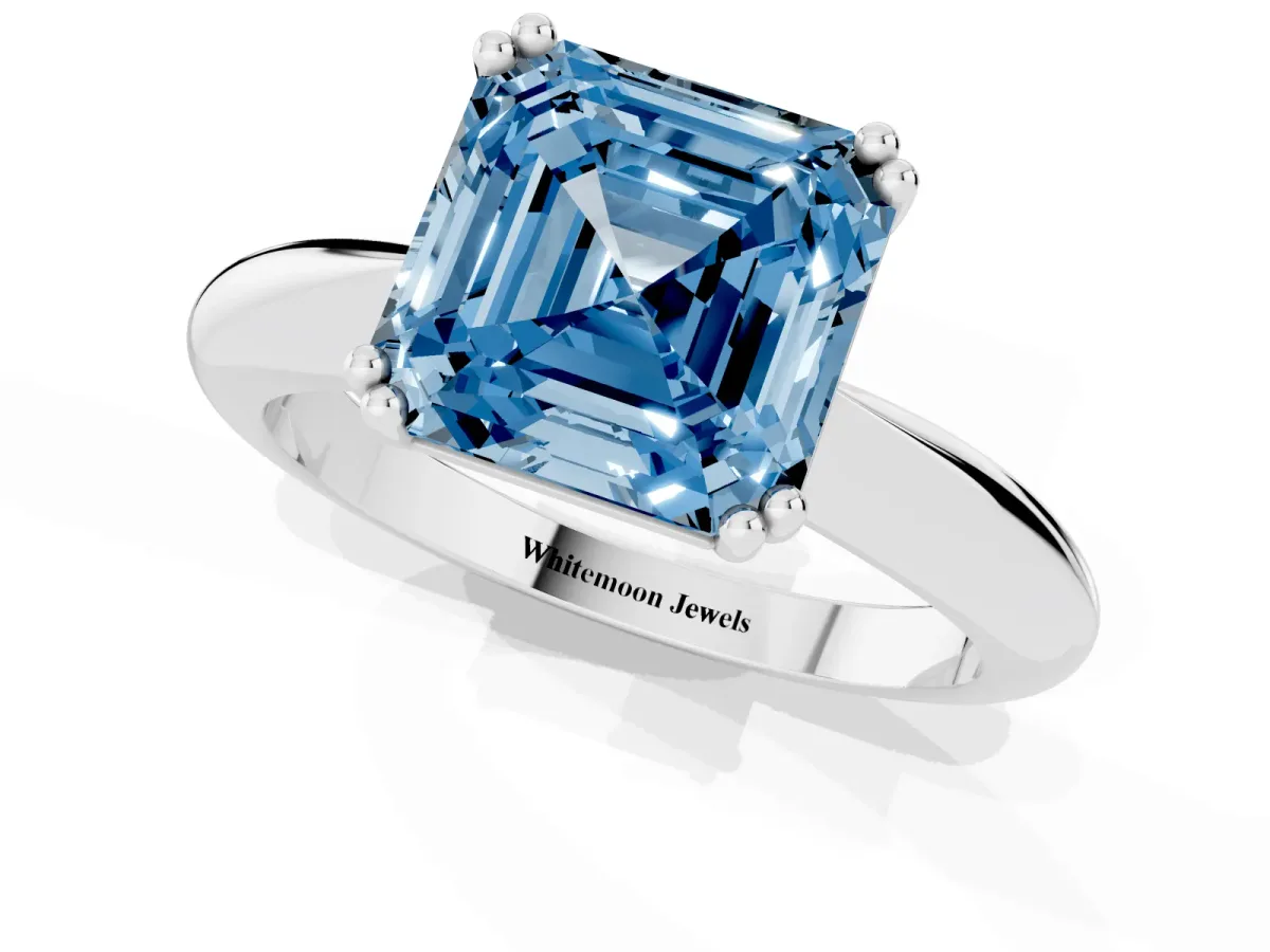 Fancy Blue Asscher Cut Cut Solitaire Engagement Ring with Tapered Band and Four-Prong Setting Platinum