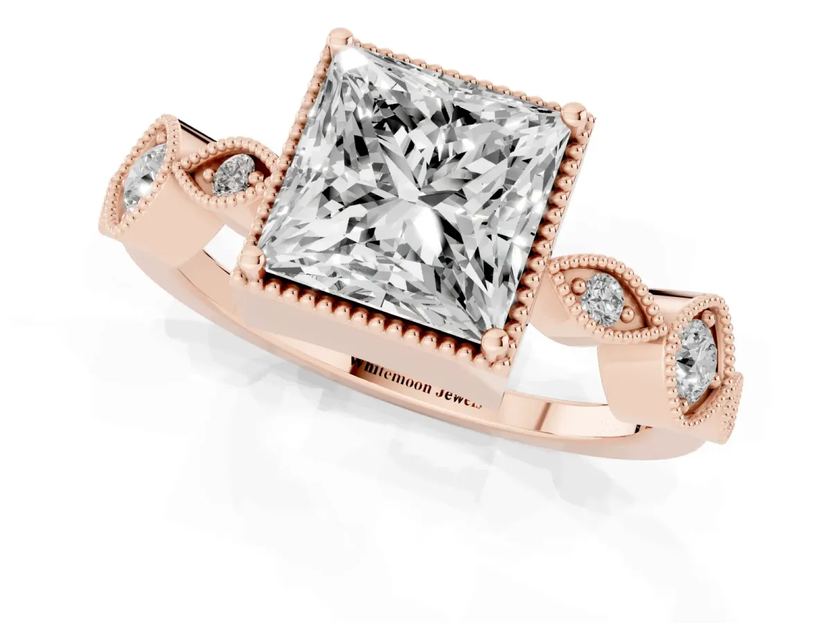 Princess Cut Diamond Vintage Milgrain Ring with Round Stations Rose gold