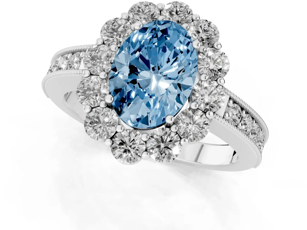 Fancy Blue Oval Cut Cut Halo Diamond Pavé Engagement Ring with Milgrain Detailing Silver