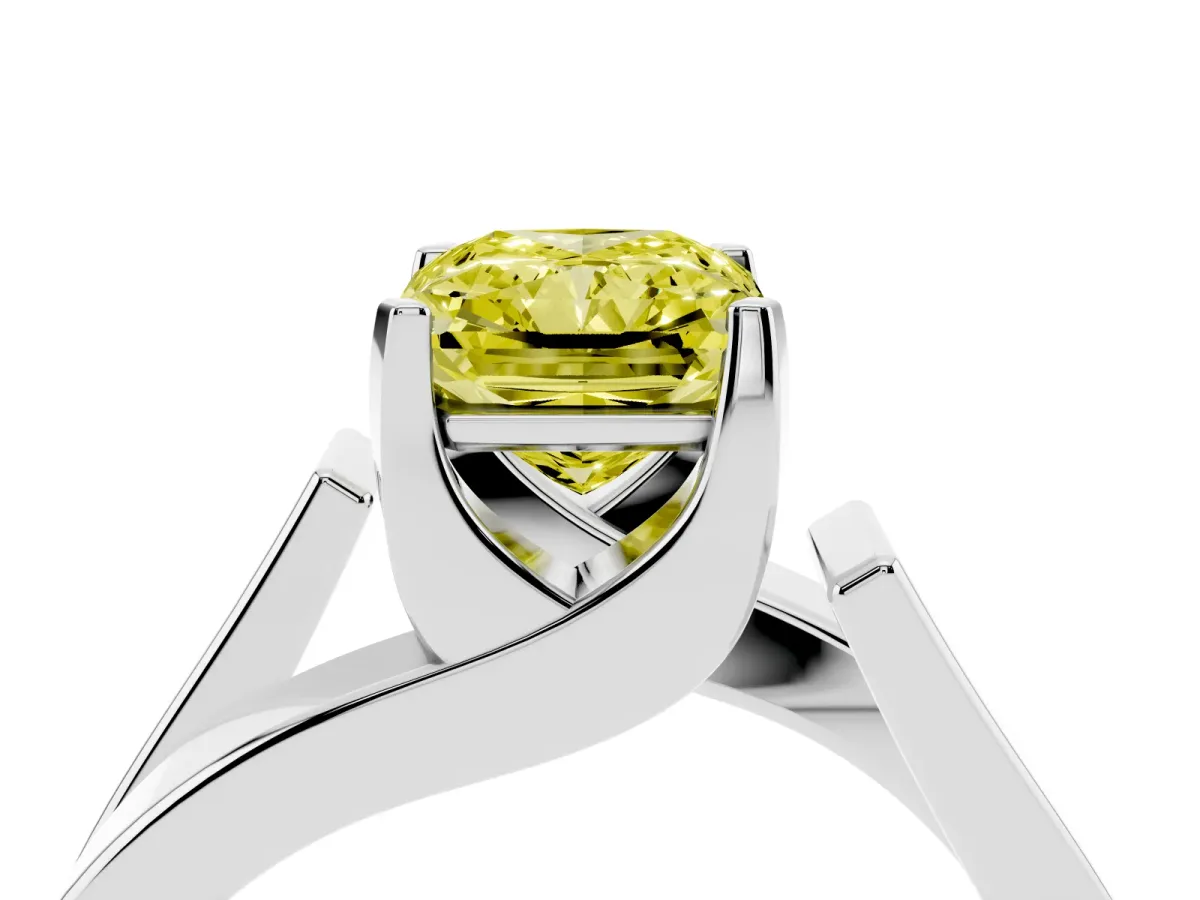 Fancy Yellow Modern Tension Set Radiant Cut Diamond Solitaire Wide Band Ring Silver