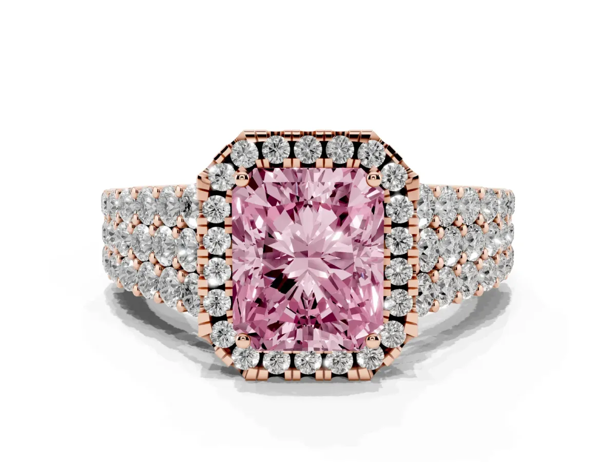Fancy Pink Radiant Cut Diamond Halo Engagement Ring with Triple Row Round Pavé Band and Prong Setting Rose gold