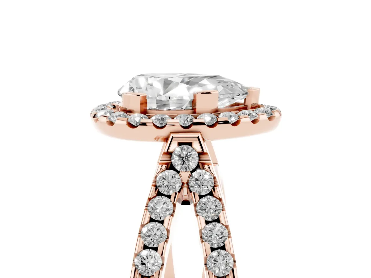 Pear Cut Diamond Halo Ring with Split Shank Pavé Band and Prong Setting Rose gold