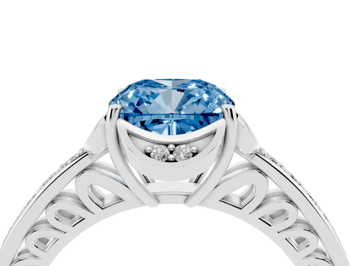 Fancy Blue Cushion Cut Cut Halo Diamond Ring with Channel Set Band and Four-Prong Setting Silver
