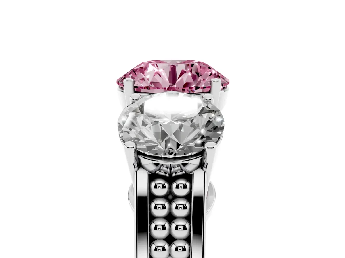 Fancy Pink Round Cut Diamond Three-Stone Ring with Prong Setting and Textured Band Platinum