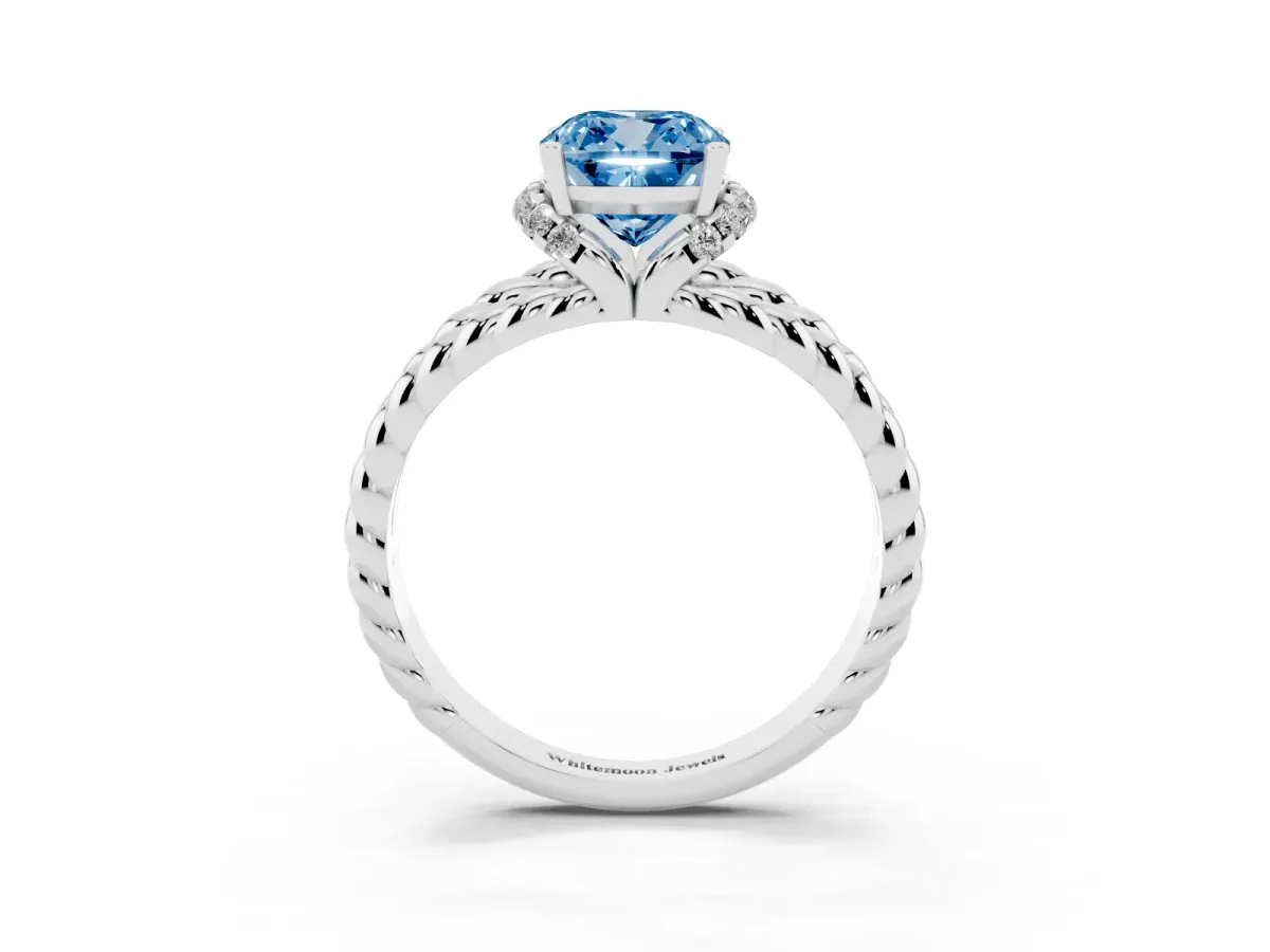 Fancy Blue Cushion Cut Halo Twisted Band Four-Prong Ring Silver