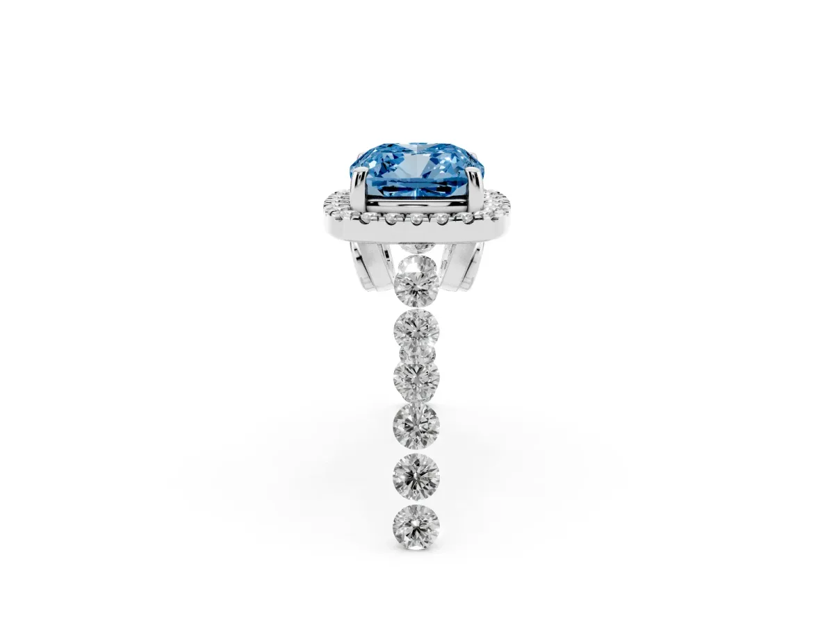 Fancy Blue Cushion Cut Halo Pavé Diamond Engagement Ring with Four-Prong Setting White gold