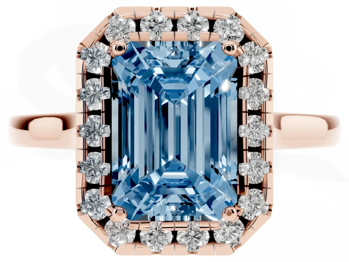 Fancy Blue Emerald Cut Halo Round Diamond Solitaire Ring with Pavé Band and Four-Prong Setting Rose gold
