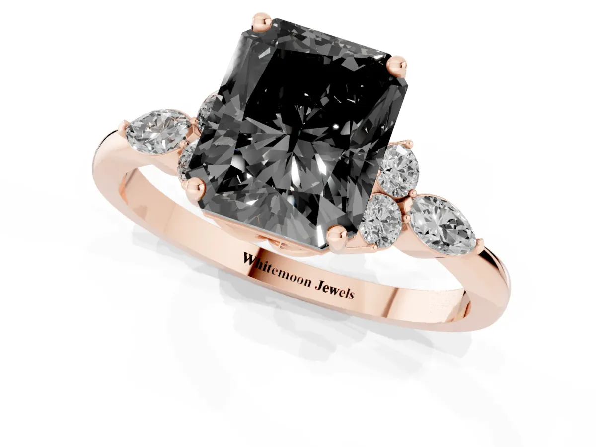 Fancy Black Radiant Cut Brilliant Diamond Solitaire Ring with Pear Side Stones and Four-Prong Setting Rose gold