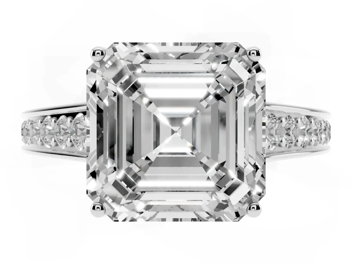 Asscher Cut Brilliant Cut Diamond Engagement Ring with Pavé Band and Four-Prong Setting Silver
