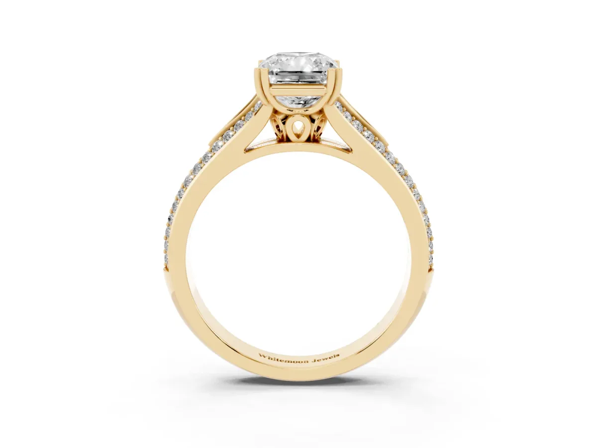 Radiant Cut Diamond Split Shank Engagement Ring with Pavé Band Yellow gold