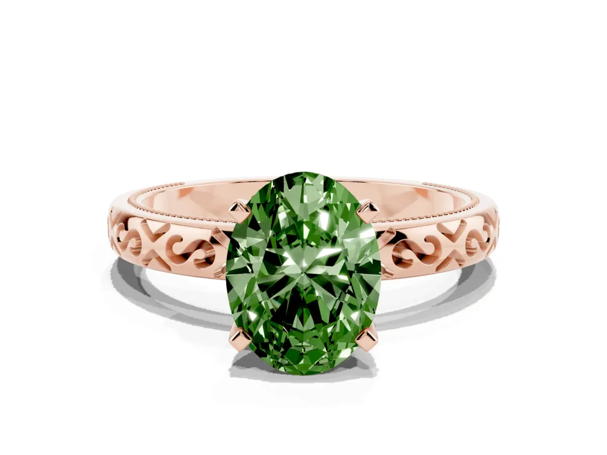 Fancy Green Oval Cut Solitaire Engagement Ring with Scrollwork Band and Four-Prong Setting Rose gold