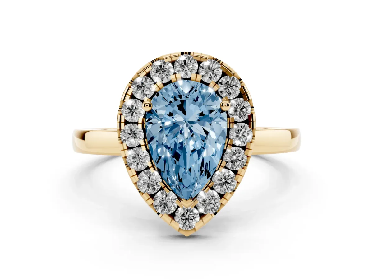 Fancy Blue Pear Cut Halo Diamond Solitaire with Pavé Band and Four-Prong Setting Yellow gold