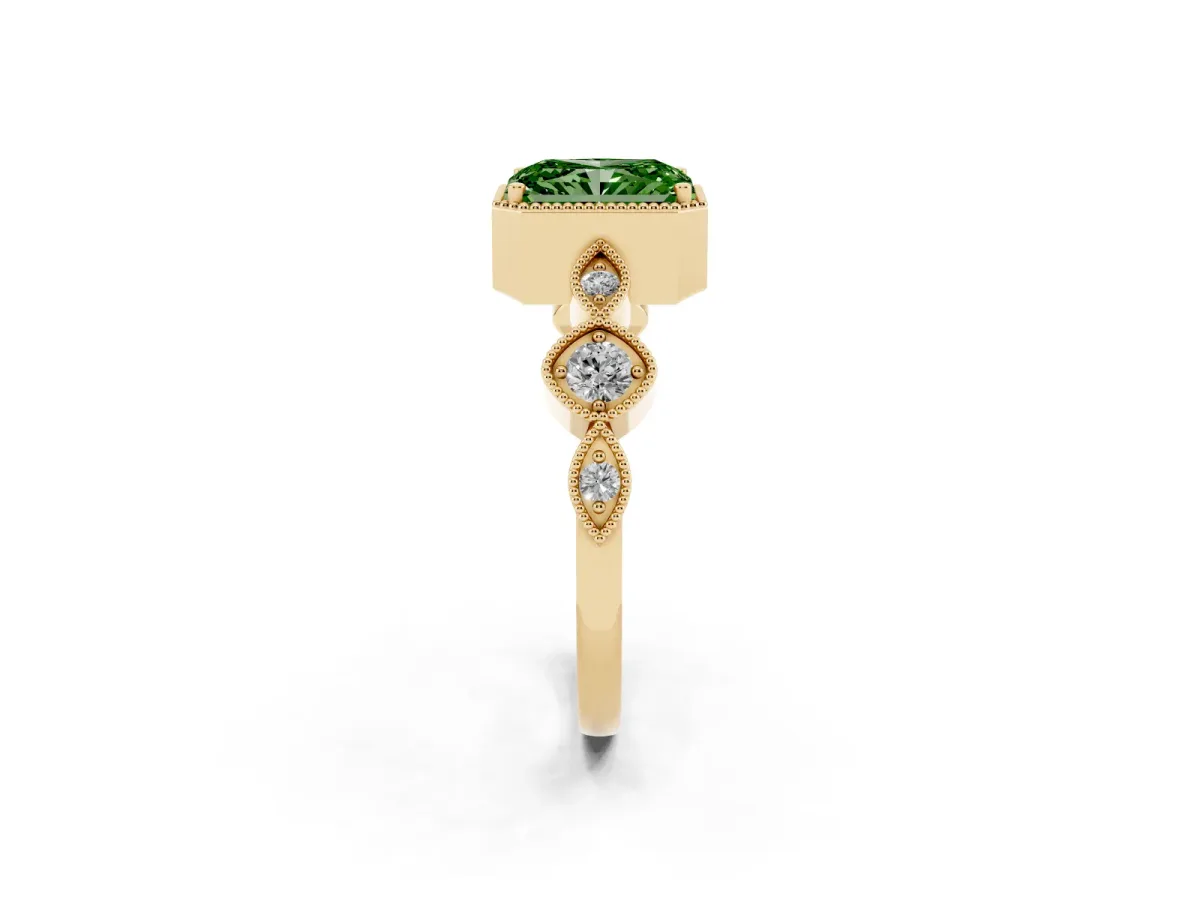 Fancy Green Radiant Cut Diamond Vintage Milgrain Ring with Round Stations Yellow gold