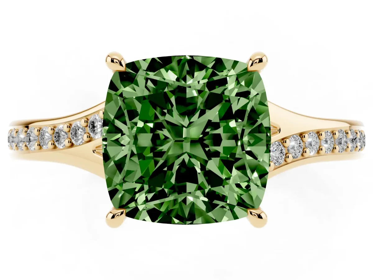 Fancy Green Cushion Cut Diamond Solitaire Ring with Pavé Band and Prong Setting Yellow gold
