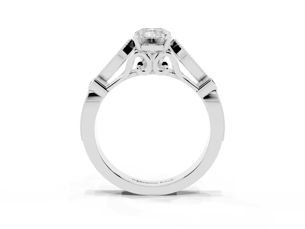 Emerald Cut Cut Diamond with Milgrain Marquise and Bezel Accents on a Solitaire Band with Prong Setting Silver