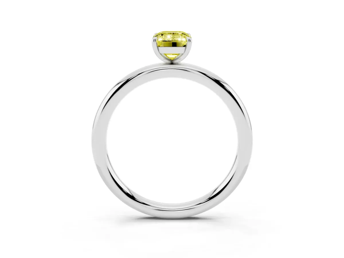 Fancy Yellow Emerald Cut Solitaire Diamond Ring with Four-Prong Setting on a Plain Band Platinum