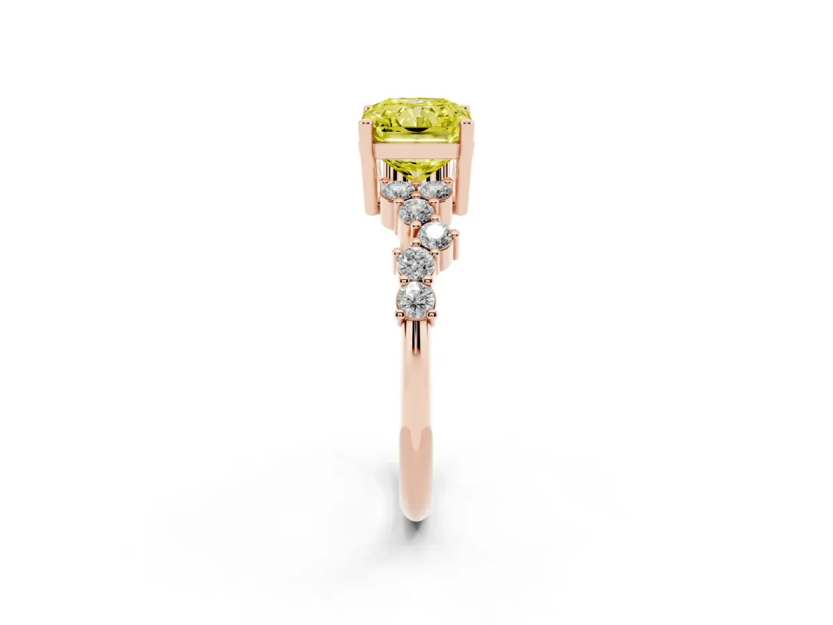 Fancy Yellow Radiant Cut Diamond Scattered Round Accent Ring with Prong Setting Rose gold