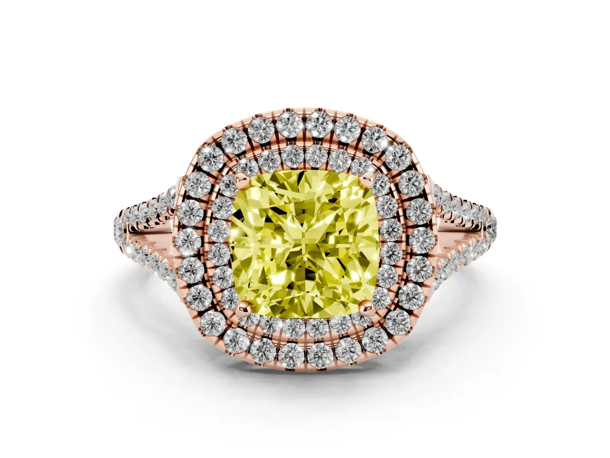 Fancy Yellow Cushion Cut Diamond Double Halo Ring with Pavé Band and Prong Setting Rose gold