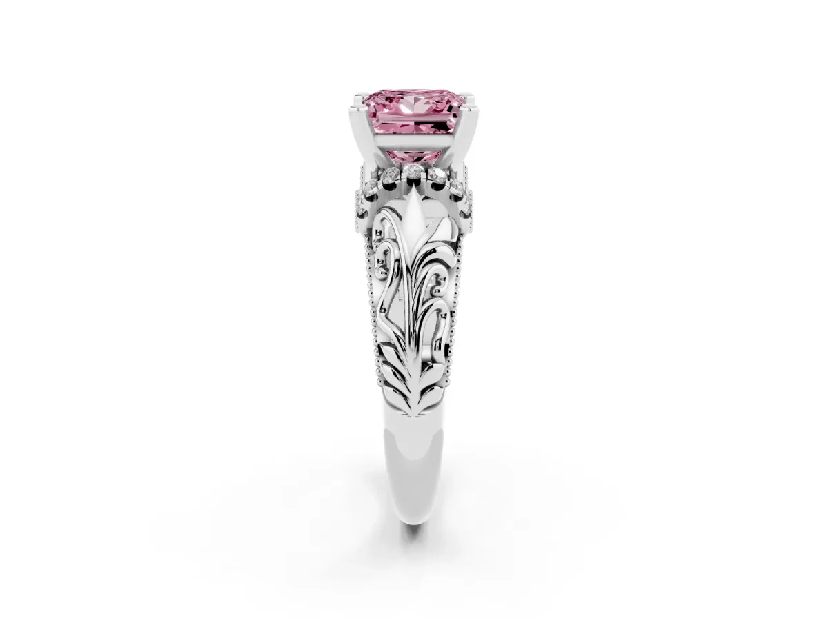 Fancy Pink Princess Cut Solitaire Filigree Engagement Ring with Halo and Prong Setting Platinum