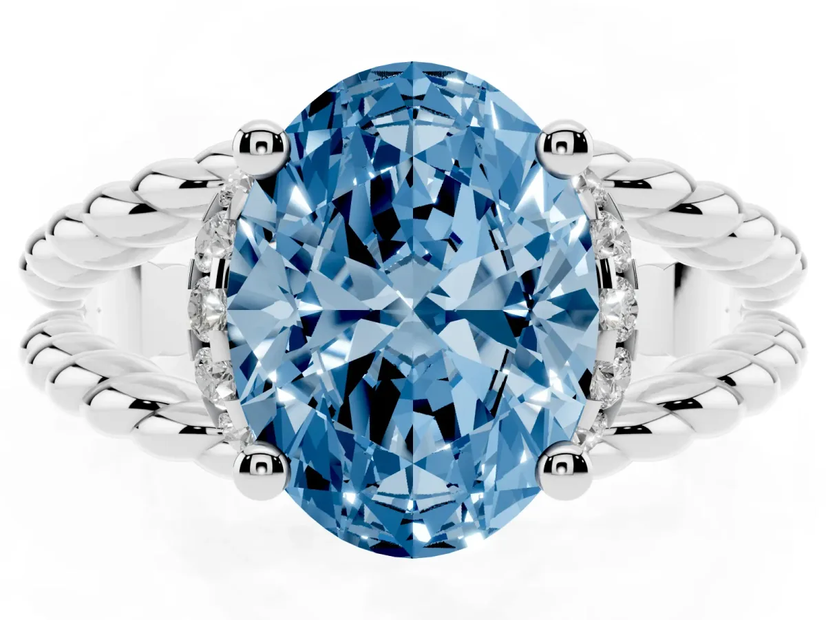 Fancy Blue Oval Cut Halo Twisted Band Four-Prong Ring Silver