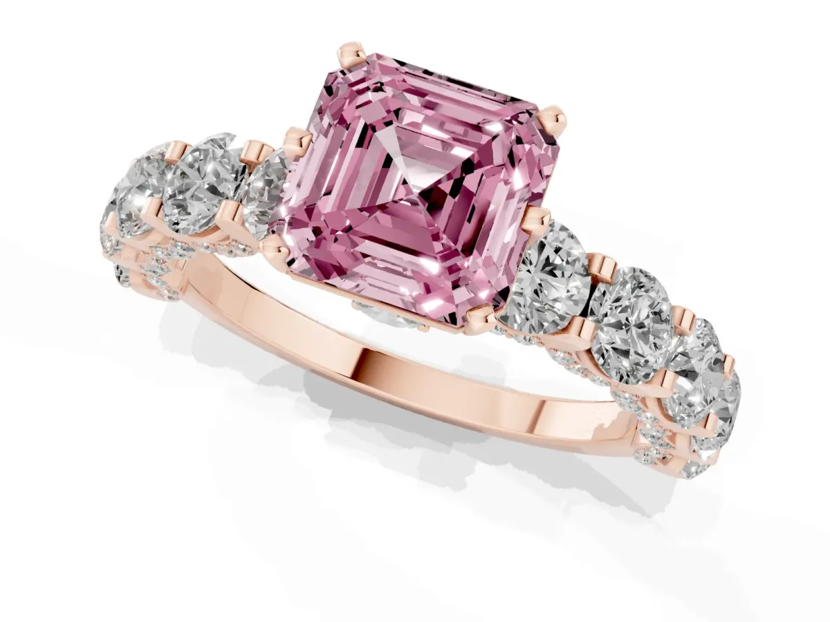 Fancy Pink Asscher Cut Diamond Side Stone Engagement Ring with Four-Prong Setting Rose gold