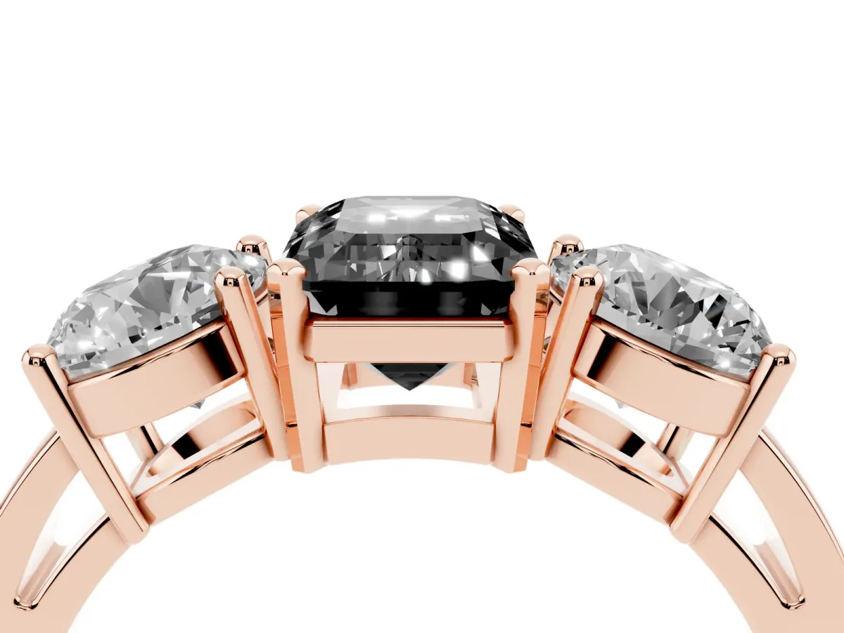 Fancy Black Three-Stone Emerald Cut Diamond Ring with Round Side Stones, Classic Band, and Four-Prong Setting Rose gold