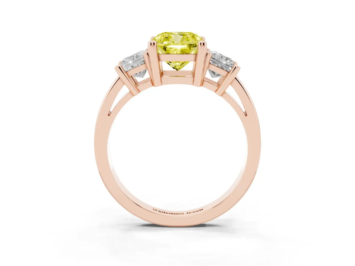 Fancy Yellow Three-Stone Cushion Cut Cut Solitaire Ring with Prong Setting Rose gold