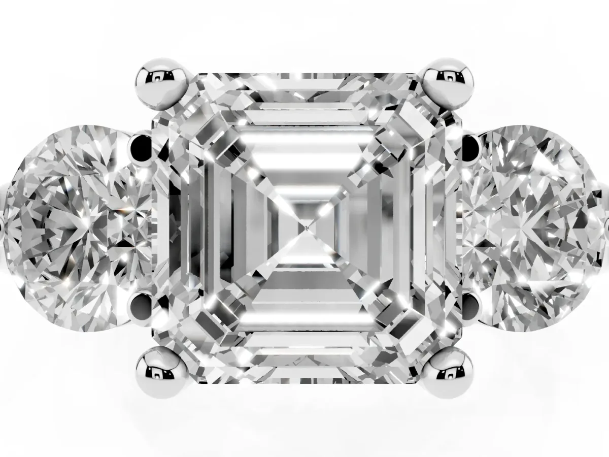 Three-Stone Asscher Cut Brilliant Cut Solitaire Ring with Prong Setting on a Classic Band White gold