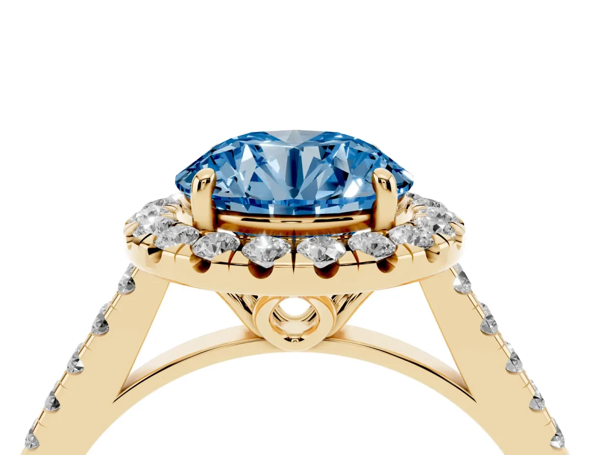 Fancy Blue Round Cut Halo Pavé Diamond Engagement Ring with Four-Prong Setting Yellow gold