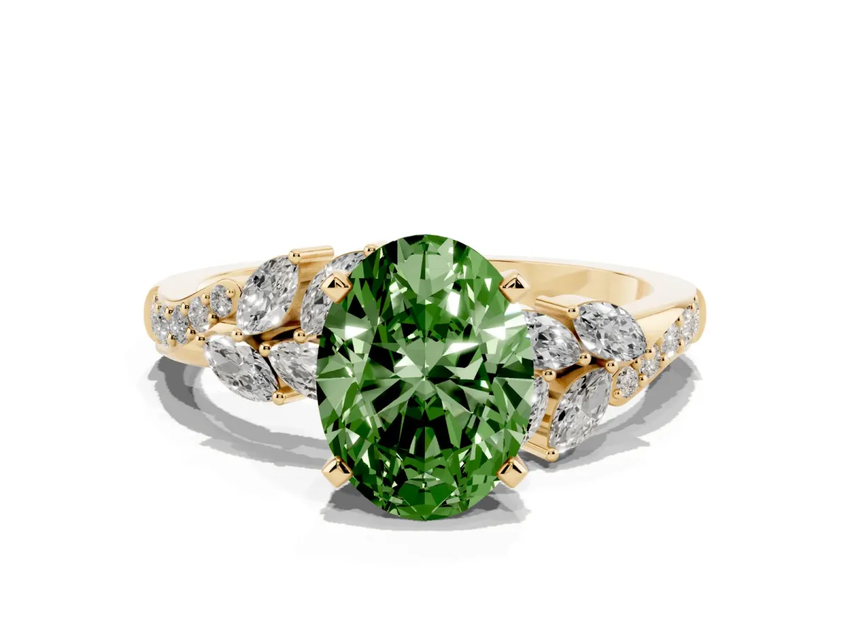 Fancy Green Oval Cut Solitaire Marquise Twist Band with Six-Prong Setting Yellow gold