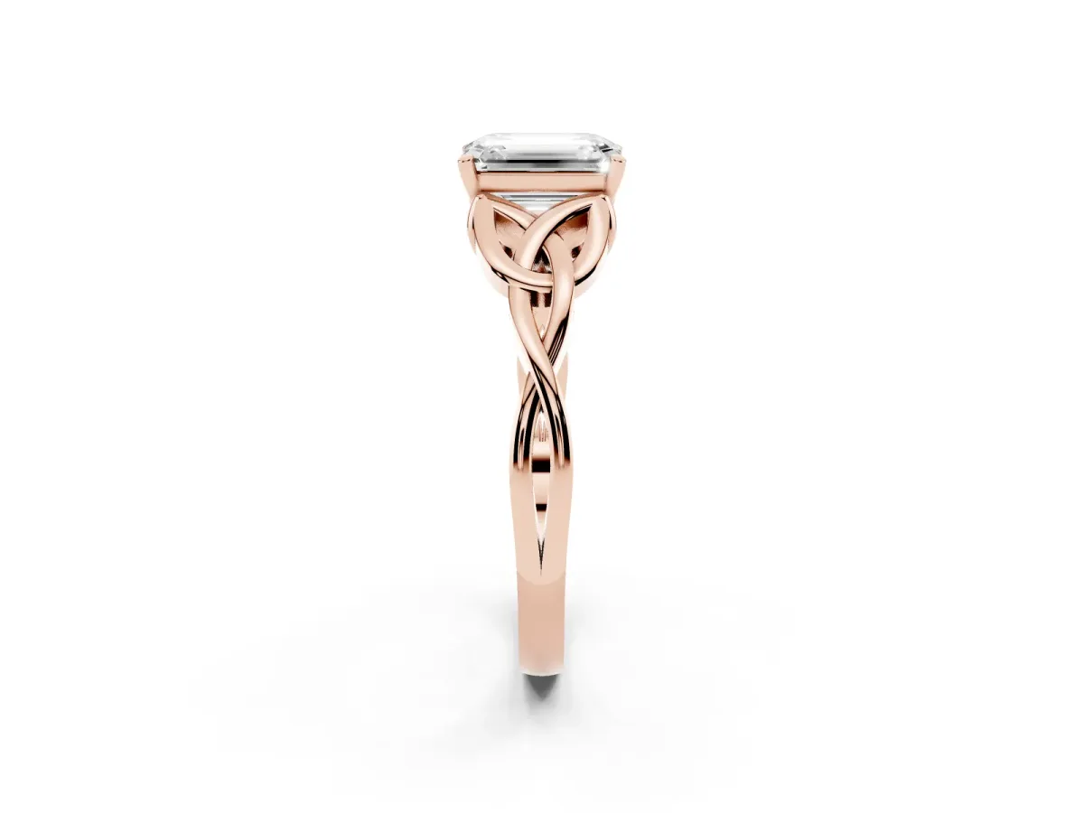 Emerald Cut Diamond Solitaire Engagement Ring with Celtic Knot Band and Four-Prong Setting Rose gold