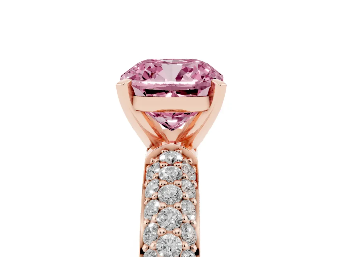 Fancy Pink Cushion Cut Diamond Solitaire Ring with Prong Setting and Pavé Band Rose gold