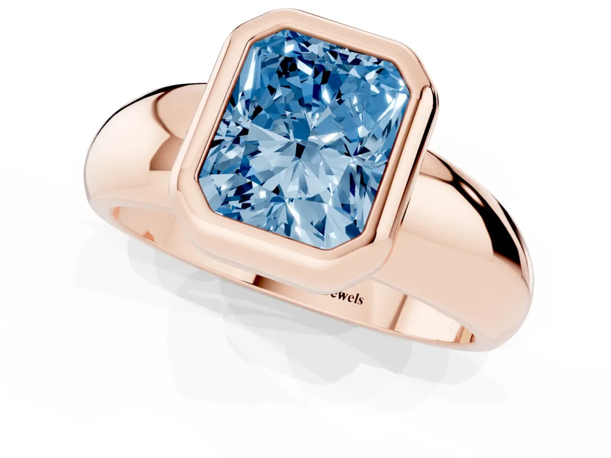 Fancy Blue Bezel Set Radiant Cut Solitaire Ring with Wide Band Rose gold
