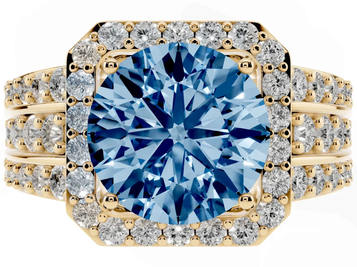 Fancy Blue Round Cut Halo Diamond Ring with Round Split Shank and Prong Setting Yellow gold