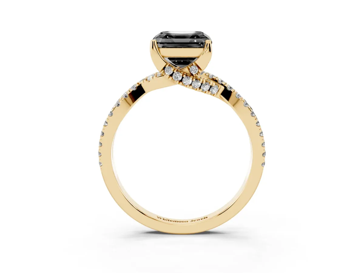 Fancy Black Asscher Cut Solitaire Twist Pave Diamond Engagement Ring with Prong Setting Yellow gold