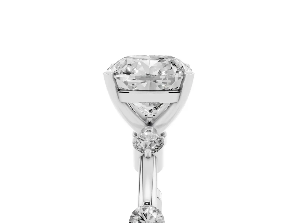 Cushion Cut Solitaire Diamond Ring with Bezel Set Side Stones and Prong Setting Silver
