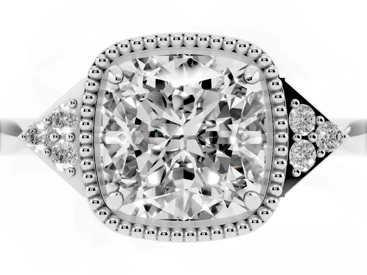 Cushion Cut Diamond Halo Ring with Tapered Band and Four-Prong Setting White gold