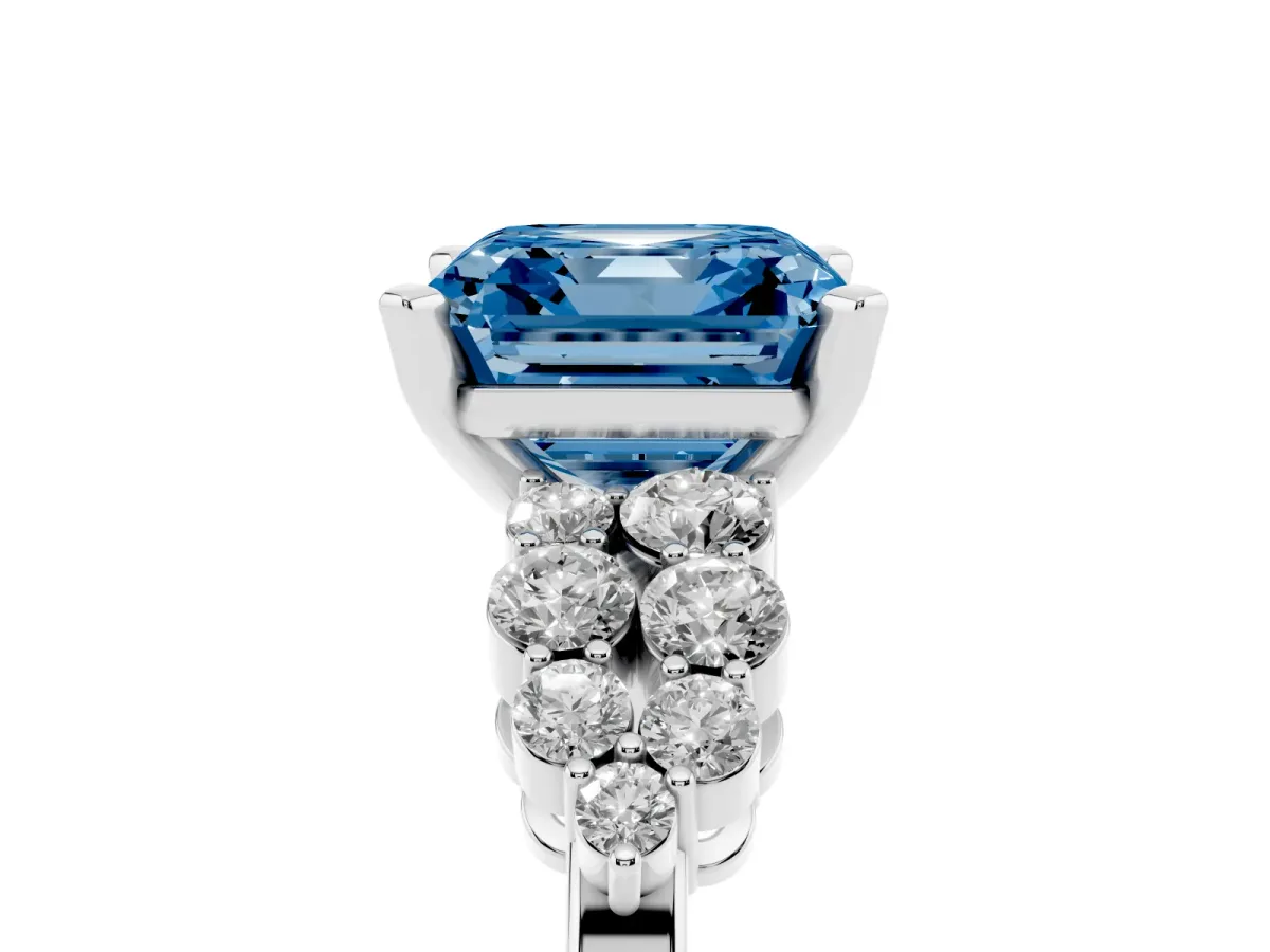 Fancy Blue Asscher Cut Cluster Diamond Engagement Ring with Pavé Band and Four-Prong Setting Silver